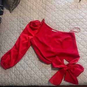 Anthropologie Red Satin Puff Sleeve Bow Top